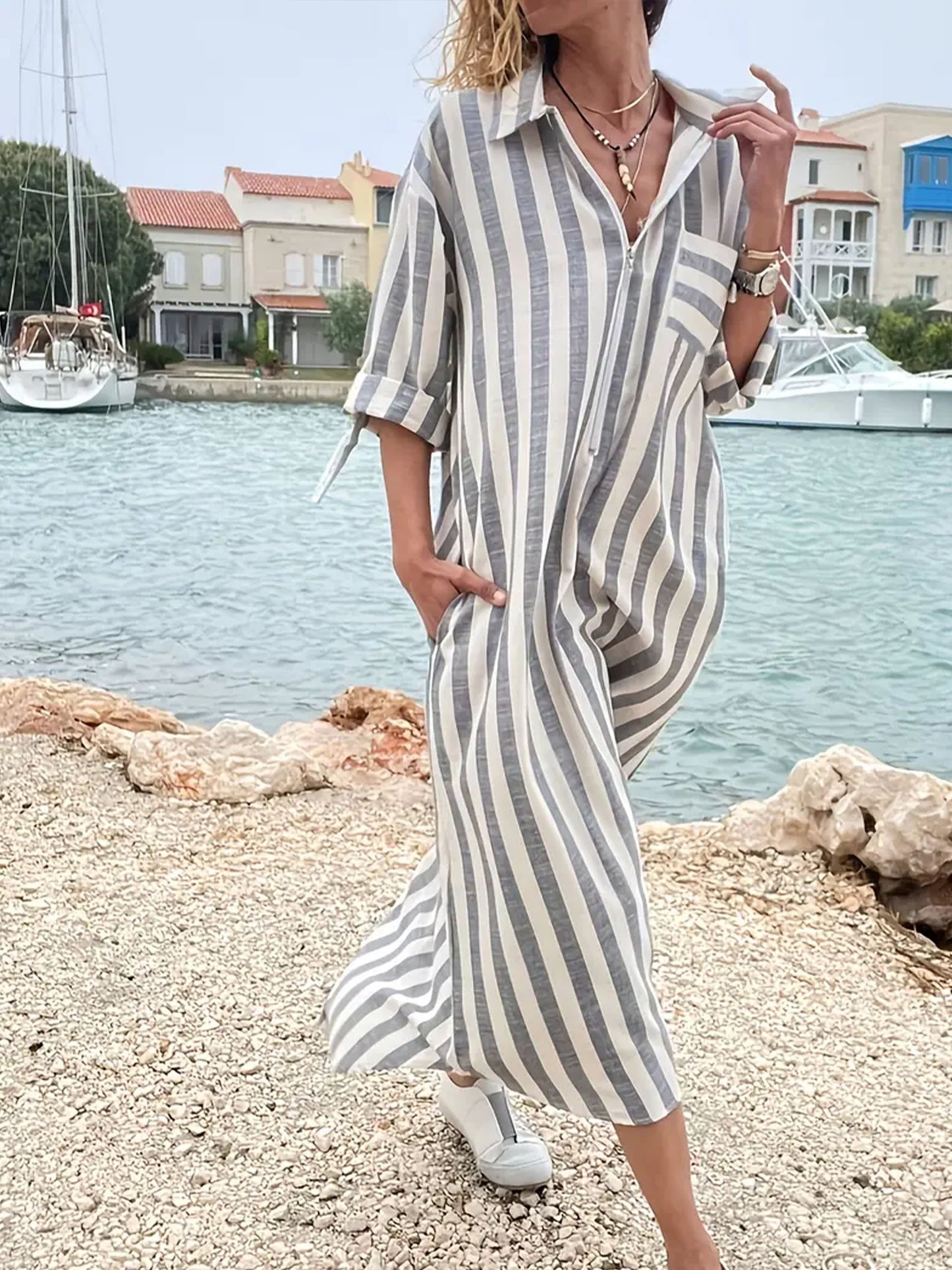 Women's Casual Lapel Long Sleeve Striped Print Dress