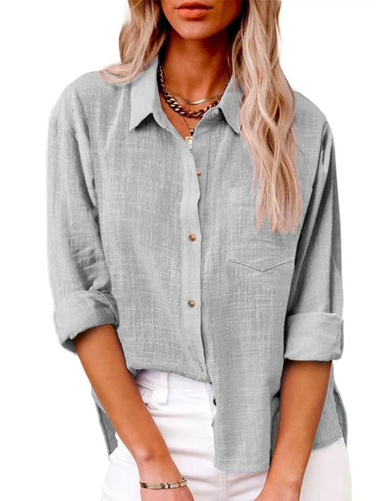 Women's Casual Solid Color Pocket Slit Cotton and Linen Long Sleeve Shirt