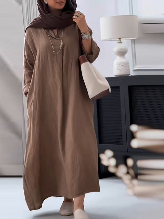 Women's Casual Solid Color V-Neck Long Sleeve Cotton and Linen Dress