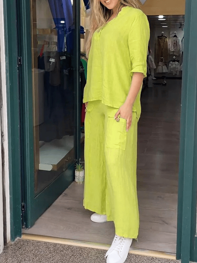 Women'S Casual Loose Fit V-Neck Button Design Pants Set