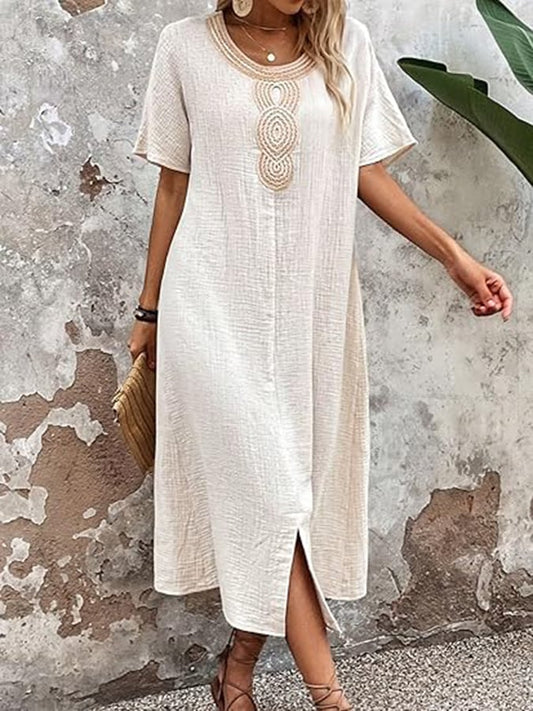 Ladies Lace Collar Cotton And Linen Dress