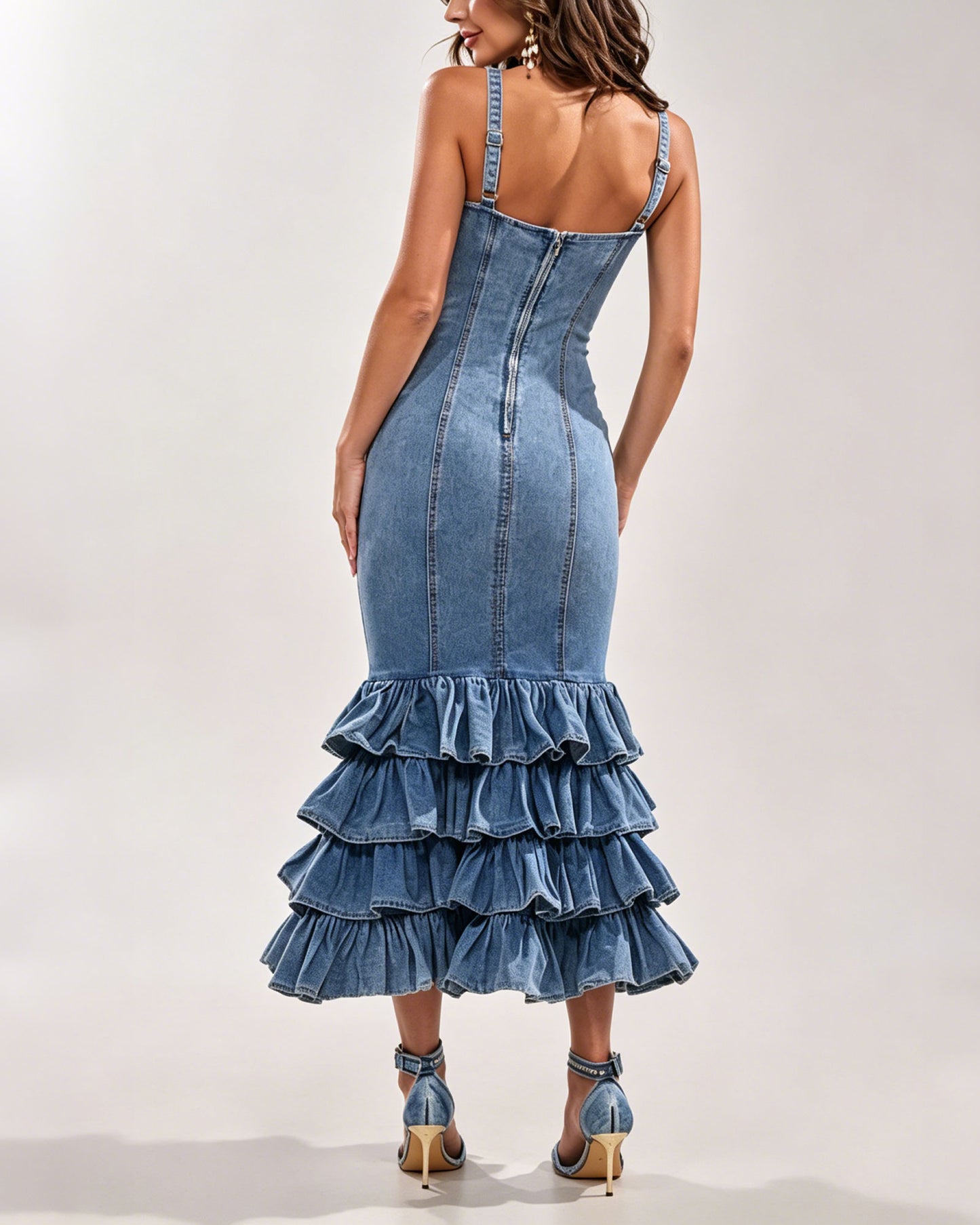 Washed Denim Overalls Deep V-Neck Multi Layered Ruffle Maxi Dress