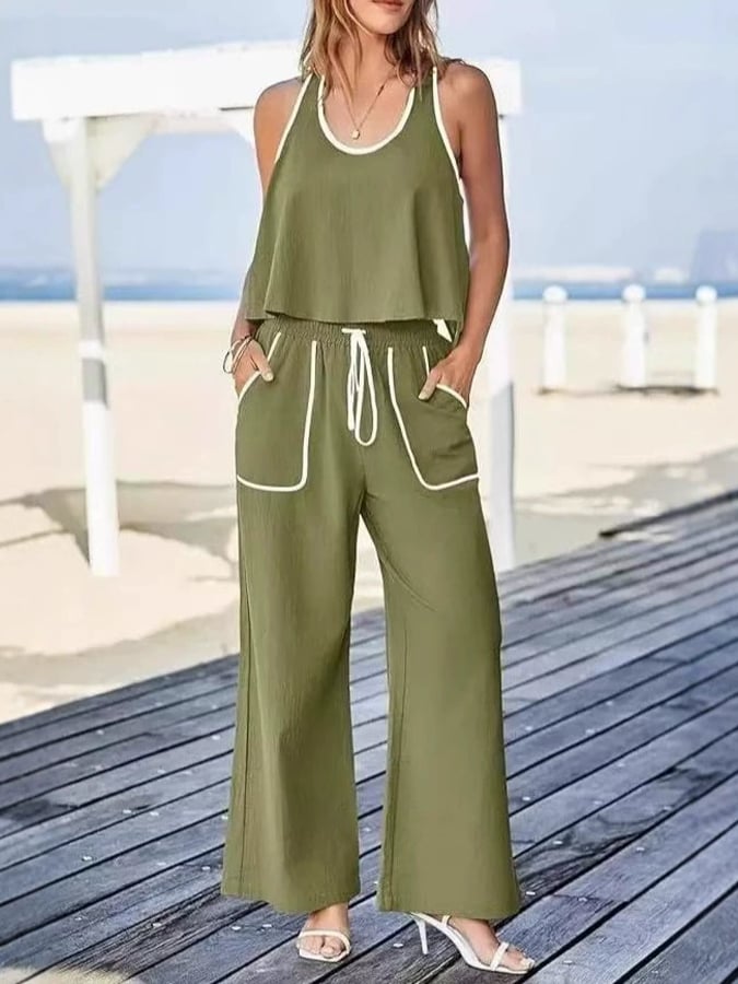 Women's Casual Solid Color Cotton and Linen Loose Vest Contrast Color Two-piece Set