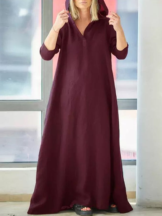 Women's Casual Solid Color Vintage Hooded Pullover Dress