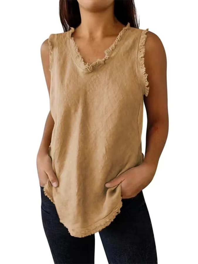 Women'S Sleeveless Tassel Stitching Casual Solid Color Cotton And Linen Vest