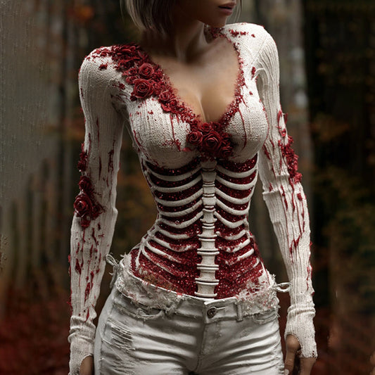 Women's Vintage Halloween Pattern Rose Linen Blend Art T-shirt