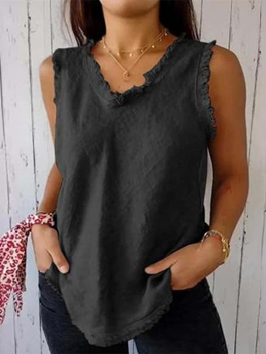 Women'S Sleeveless Tassel Stitching Casual Solid Color Cotton And Linen Vest