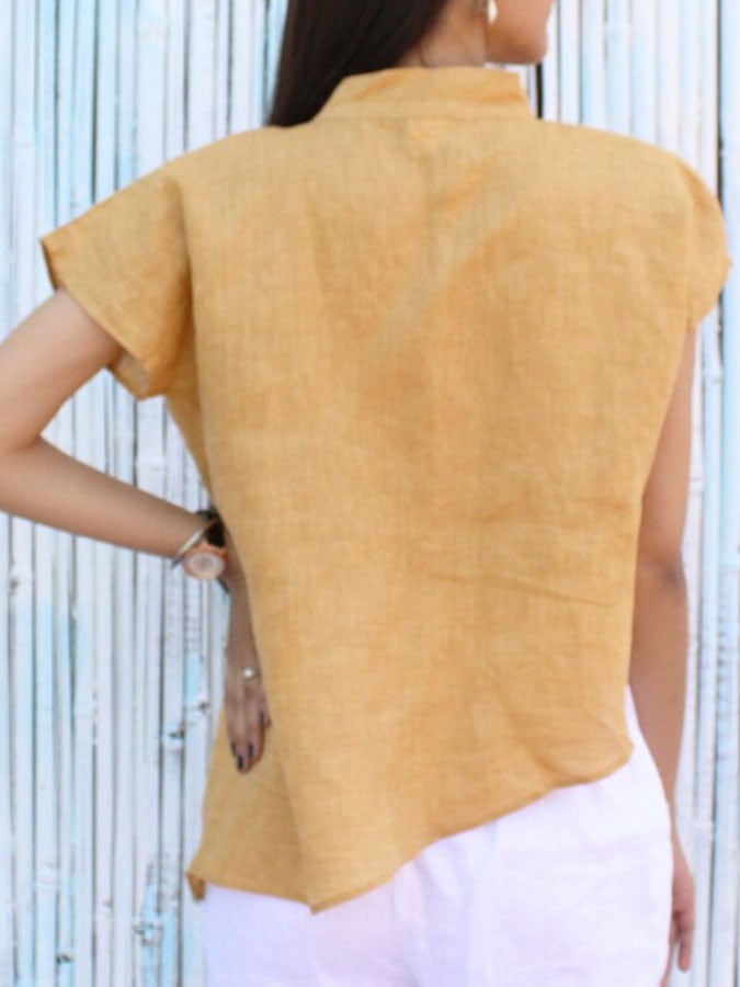 Women'S Casual Solid Color Cotton And Linen Mismatched Tops