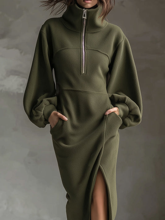 Soft Polar Fleece Lantern Sleeves Front Zipper Side Slit Midi Dress