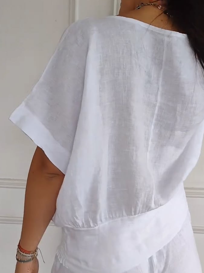 Women'S Casual Gathered Hem V-Neck Cotton And Linen Top