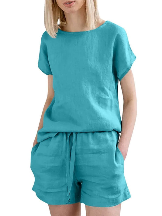 Women's Casual Solid Color Top Drawstring Cotton and Linen Shorts Set
