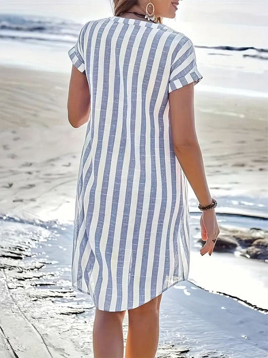 Women's Casual V-neck Short Sleeve Striped Print Contrast Color Cotton and Linen Dress