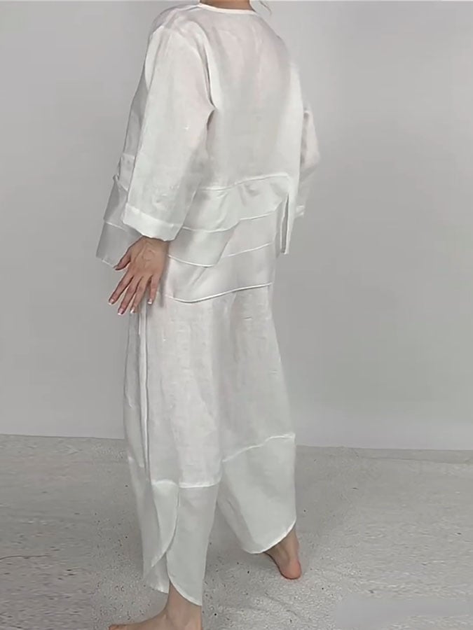 Women's Casual Solid Color Round Neck Long Sleeve Spliced Tops and Pants Two-piece Set