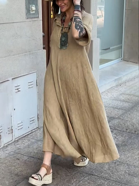 Women's Casual Solid Lapel Button Cotton Dress