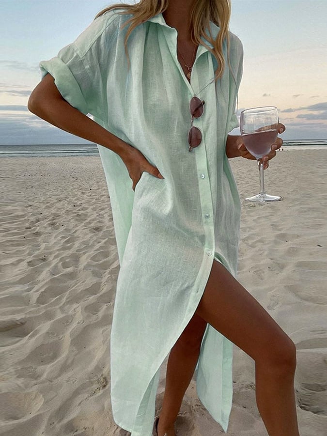 Women's Casual Solid Color Long Sleeve Mid-Length Cotton and Linen Shirt Dress