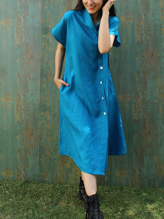 Ladies Casual Solid Color Cotton And Linen Lapel Dress
