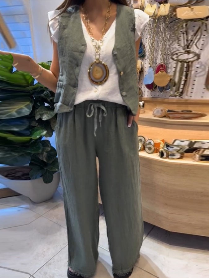 Women's Casual Solid Color Vest Trousers Cotton and Linen Two-piece Set