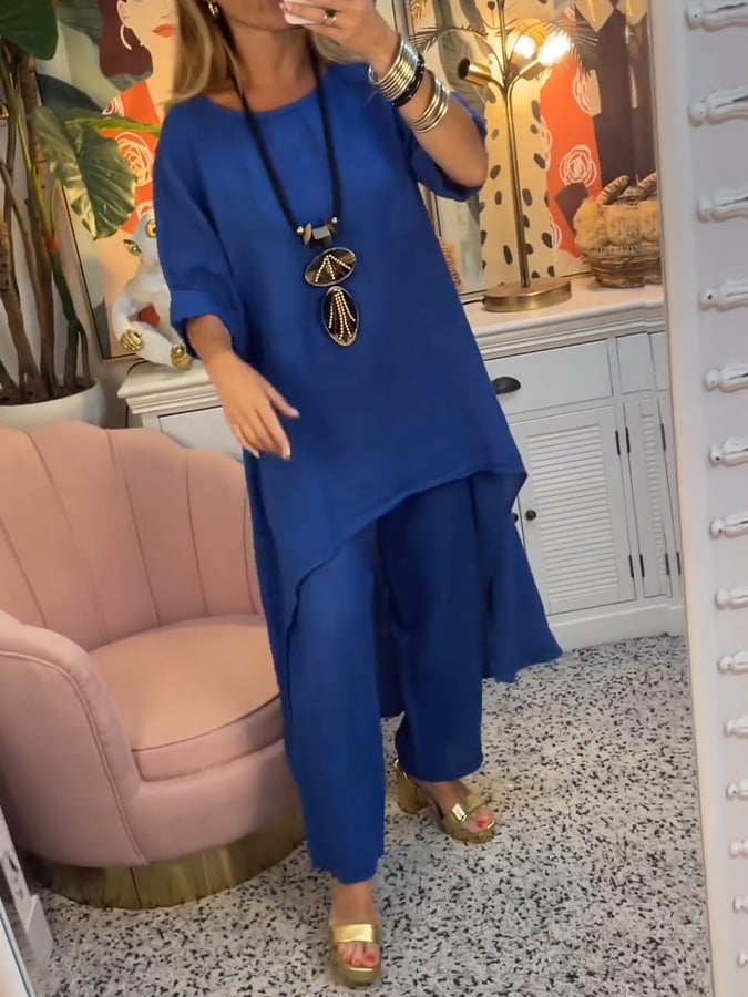 Women'S Casual Round Neck Solid Color Long Cotton And Linen Two-Piece Suit