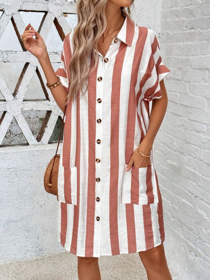 Women's Casual Lapel Striped Print Short Sleeve Dress