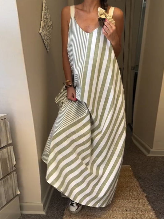 Women'S Casual Striped Patchwork Suspender Cotton And Linen Dress