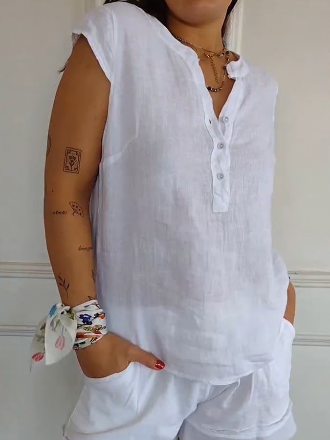Women'S Casual Half-Button Sleeveless Cotton And Linen Top