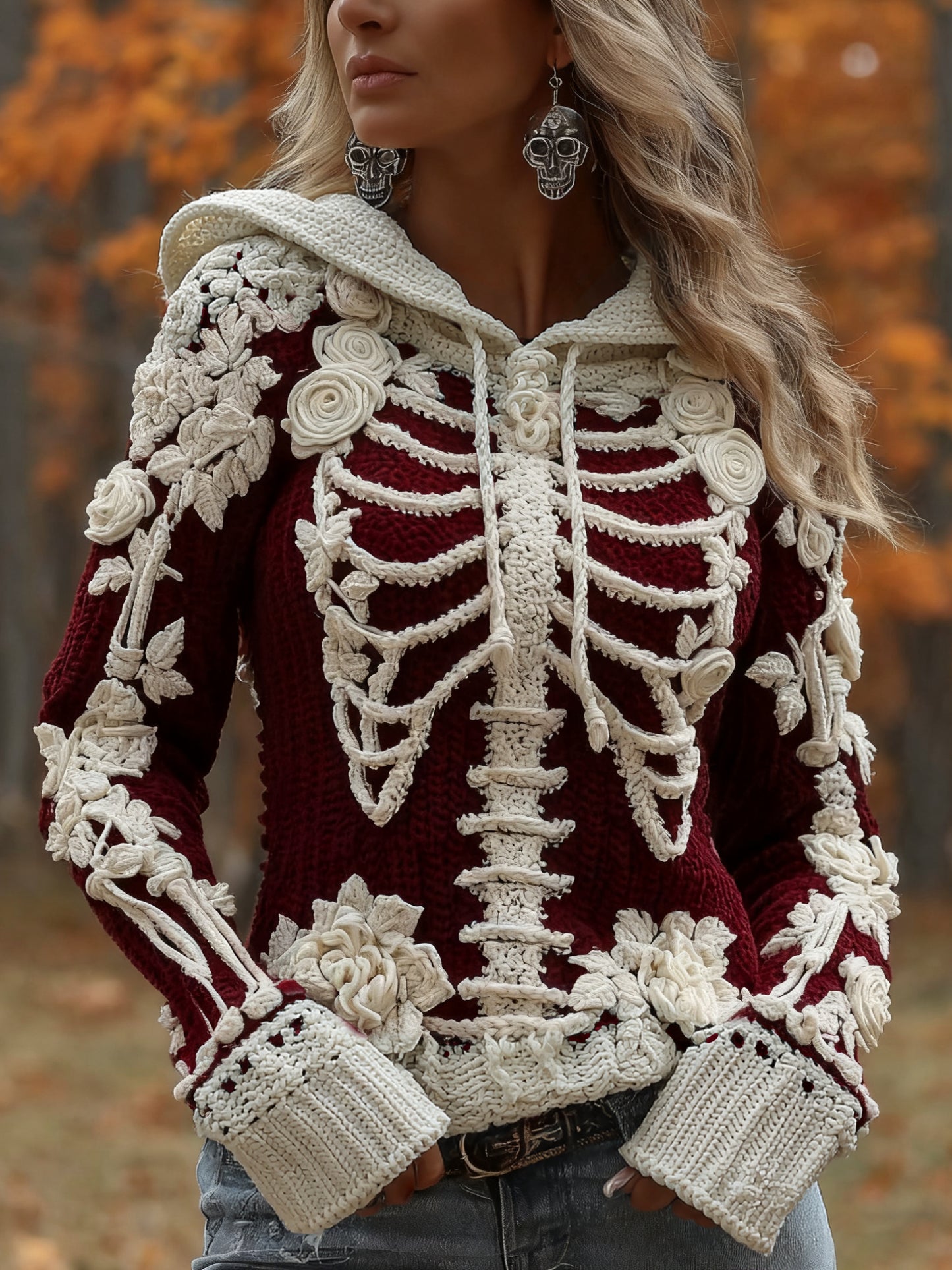Women's Halloween Skeleton Bones With Roses Art Knitted Warm Hooded Sweater