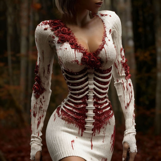 Women's Vintage Halloween Skeleton & Rose Art Sweater Dress