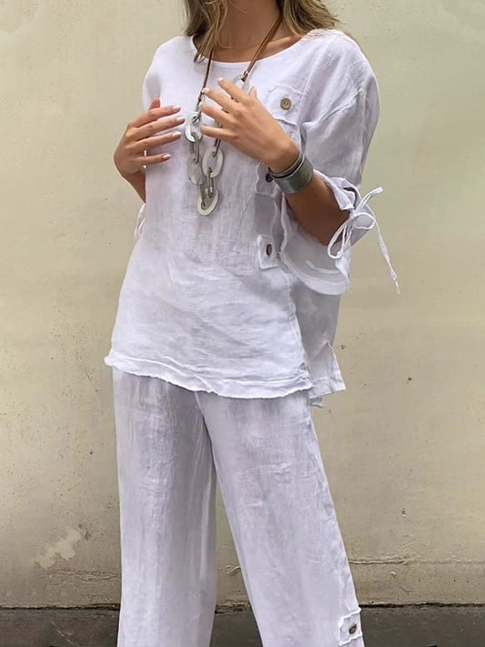 Women's Casual Solid Color Round Neck Button Drawstring Cotton Top Pants Two-Piece Set