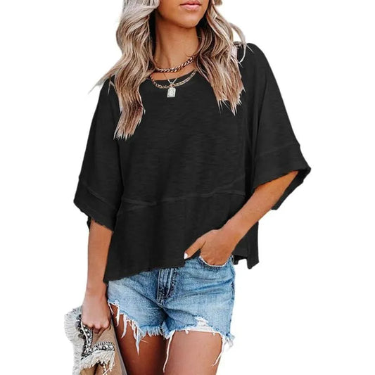 Women's Summer Casual Crewneck Batwing Half Sleeve T-Shirts Solid Color Loose Fit Cute Basic Flowy Tops Tees Blouses