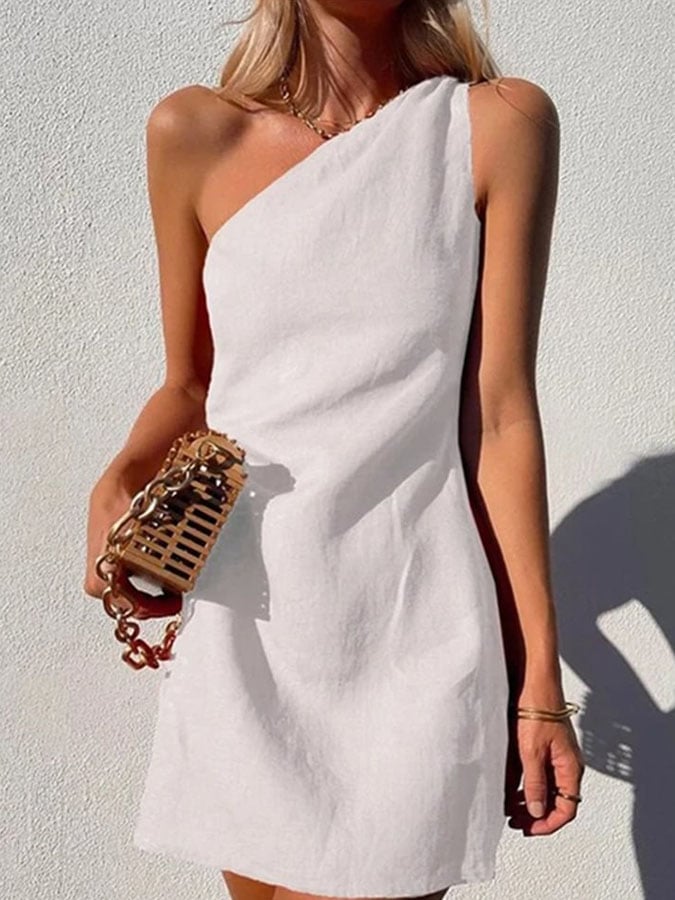 Women's Casual Solid Color Off-shoulder Cotton and Linen Dress