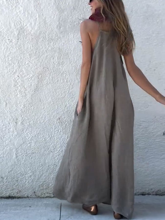Women'S Casual Cotton And Linen Suspender Maxi Dress