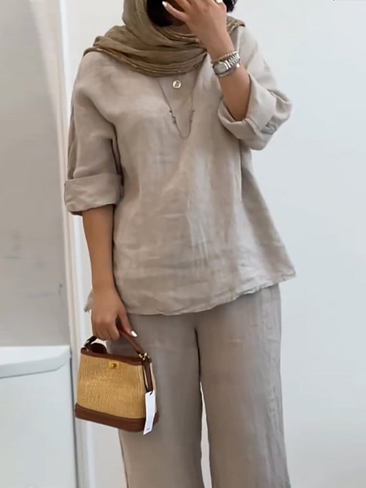 Women's Casual Solid Color Round Neck Three-quarter Sleeve Top and Pants Two-piece Set