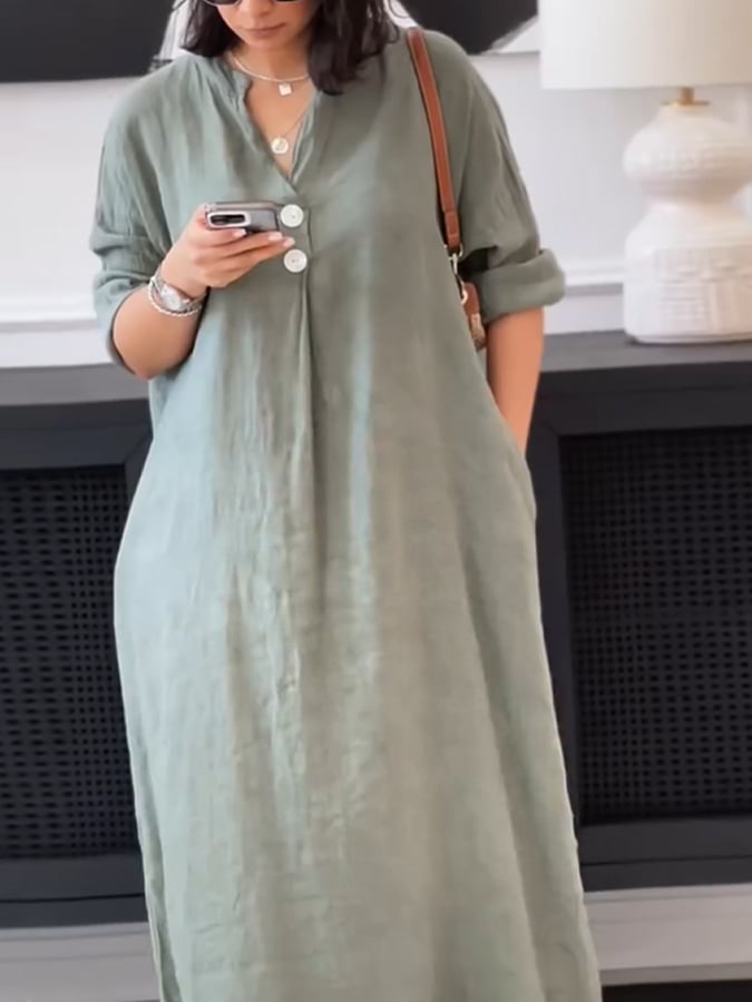 Women's Casual Solid Color V-Neck Long Sleeve Button Cotton and Linen Dress