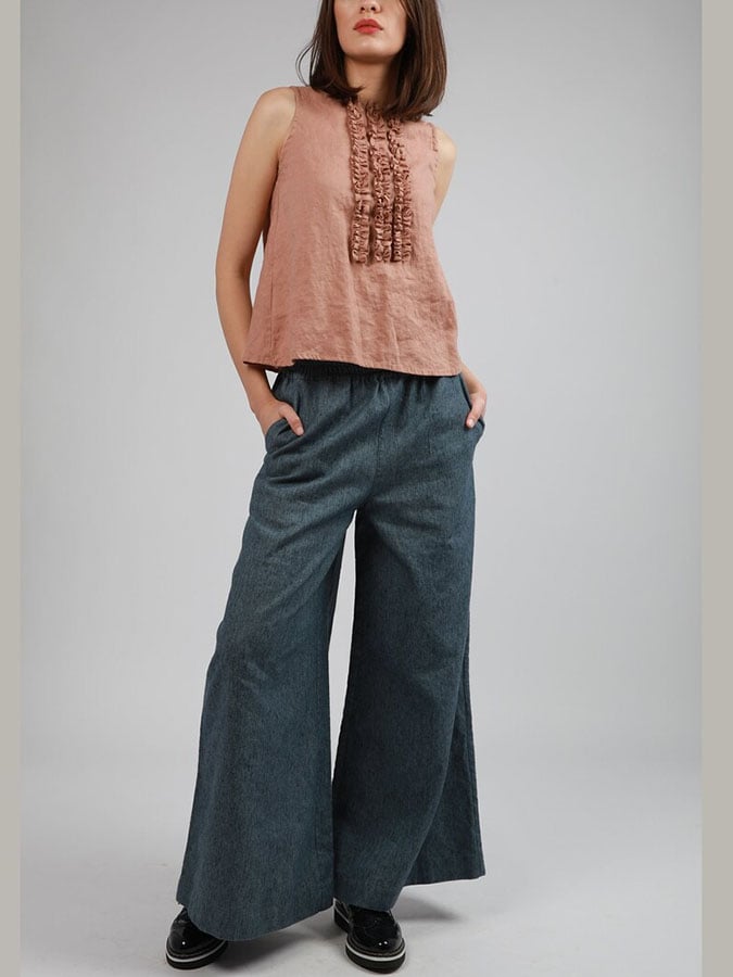 Women'S Casual Solid Color Cotton And Linen Ruffle Design Top