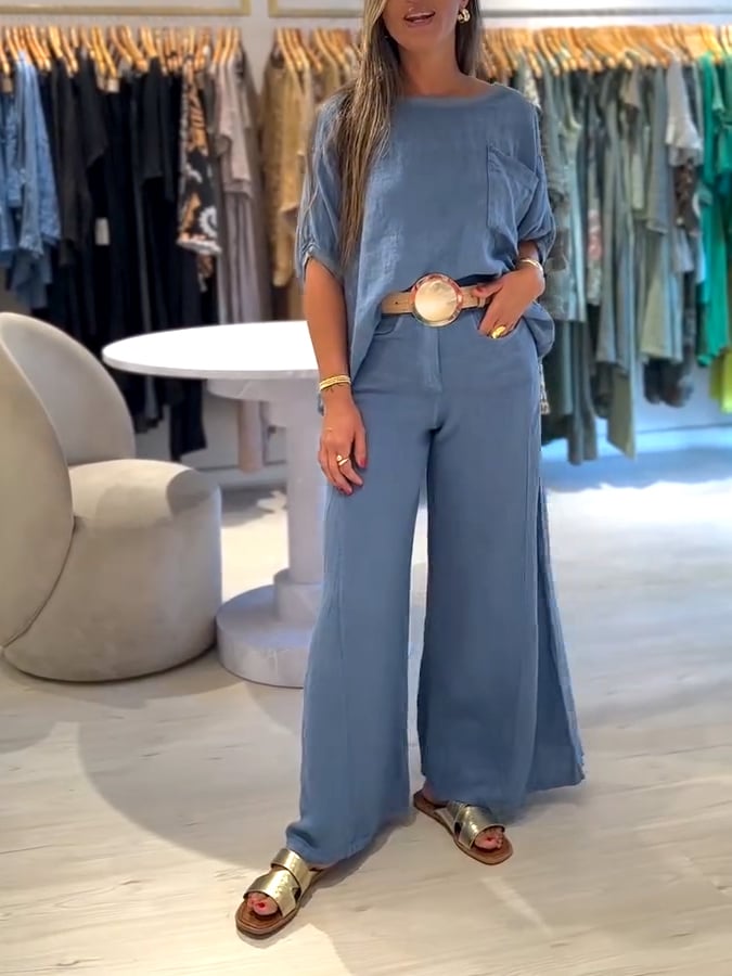 Women's Casual Solid Top and Wide Leg Pants Set