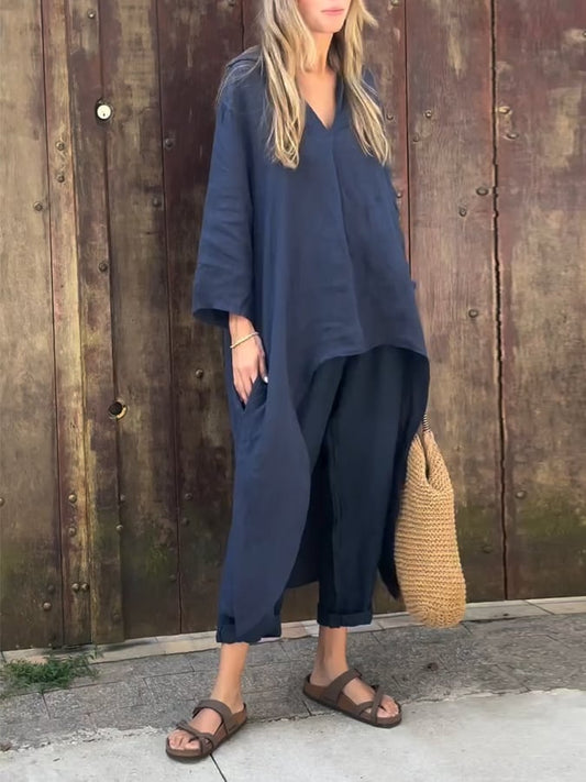 Women'S Casual Irregular Hem Solid Color Cotton And Linen Suit