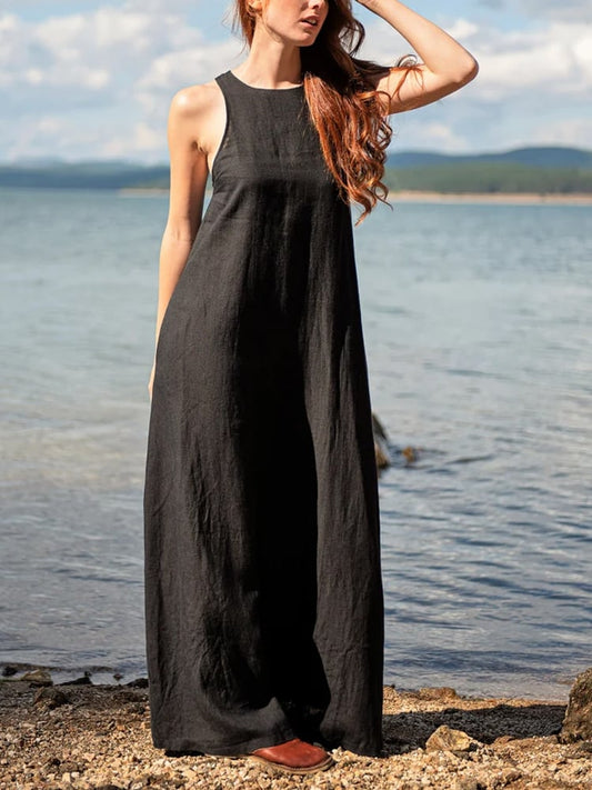 Women's Casual Solid Color Sleeveless Linen Long Dress