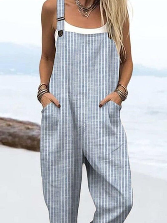 Women's Casual Striped Printed Cotton and Linen Overalls