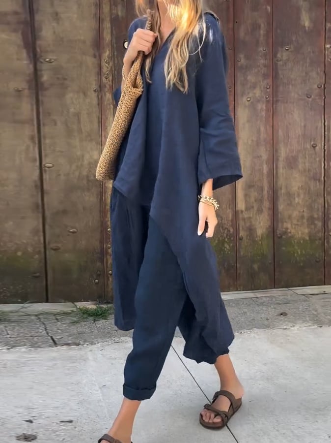 Women'S Casual Irregular Hem Solid Color Cotton And Linen Suit