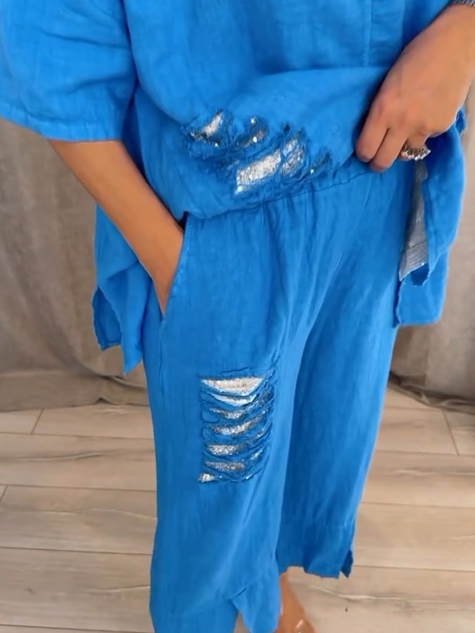 Women'S Casual V-Neck Sequined Cotton And Linen Two-Piece Suit