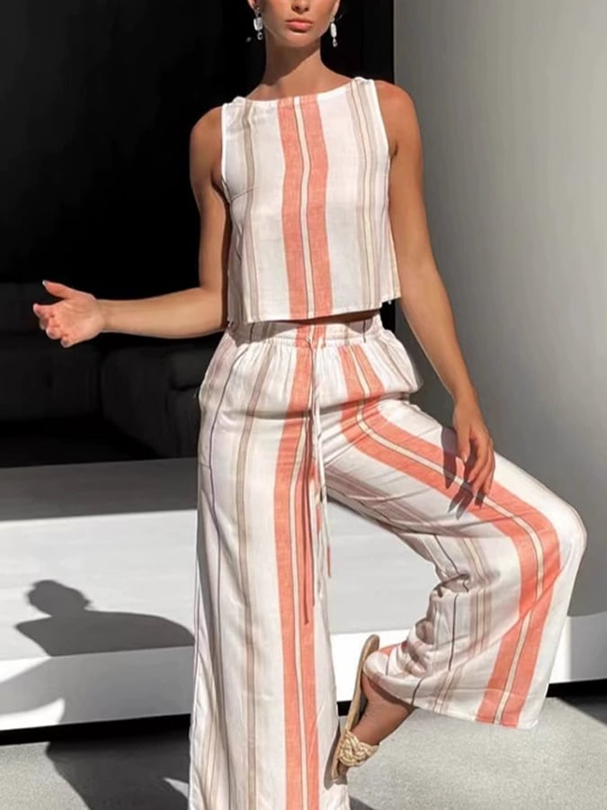 Women's Casual Striped Sleeveless Top and Wide Leg Pants Set