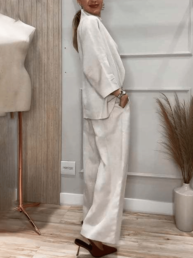 Women'S Casual Single-Breasted Shirt + Characteristic Elastic Waist Wide-Leg Pants Suit