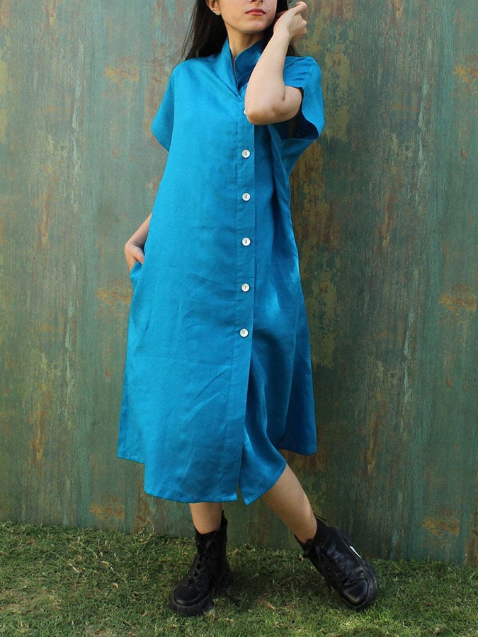 Ladies Casual Solid Color Cotton And Linen Lapel Dress