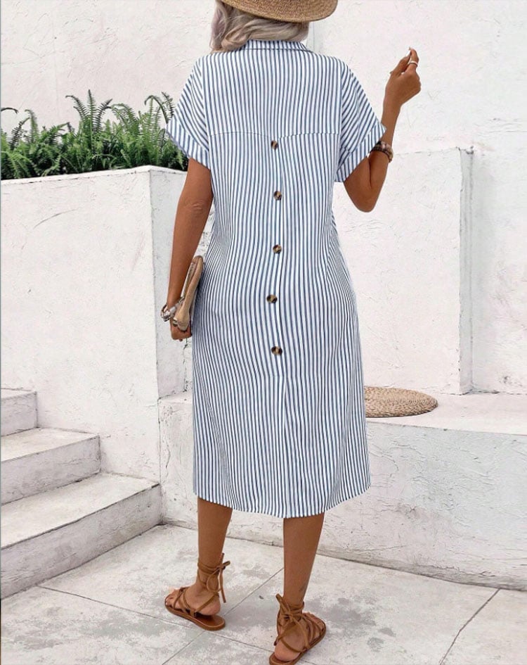 Women's Casual Lapel Short Sleeve Striped Print Short Sleeve Dress