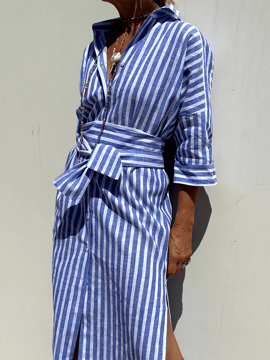 Women'S Striped Belt Cotton And Linen Dress
