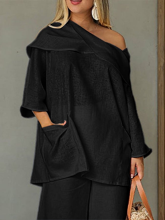 Women's Casual Solid Color Long Sleeve Cotton and Linen Top
