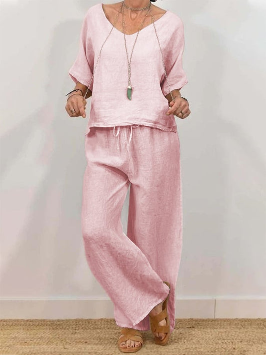Women'S Casual V-Neck Pullover With Half Sleeves + Long Pants Two-Piece Suit