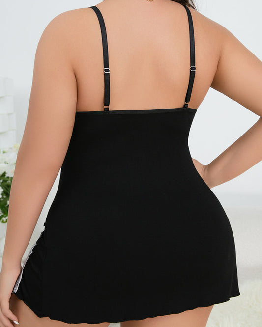 Plus Size V-Neck Side Slits Lace Trim Nightgown