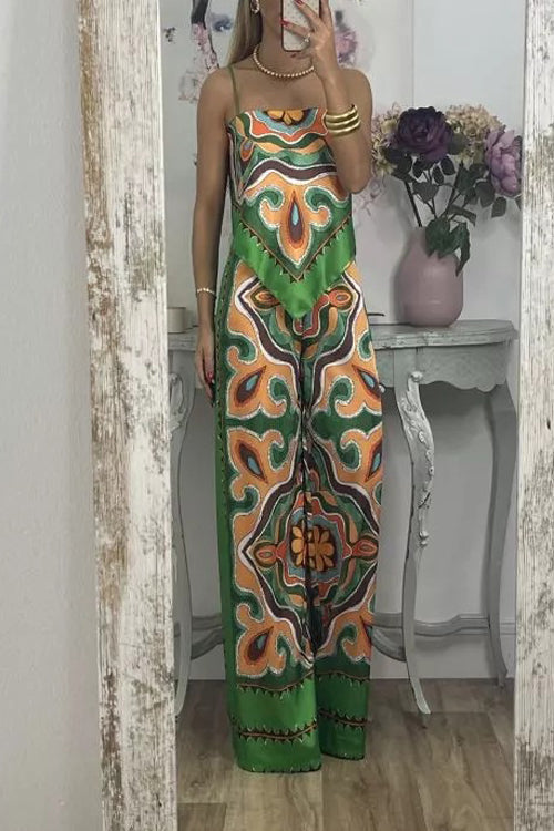 Rakkiss™ Fashion Print Open Back Tie Top + Straight Pants