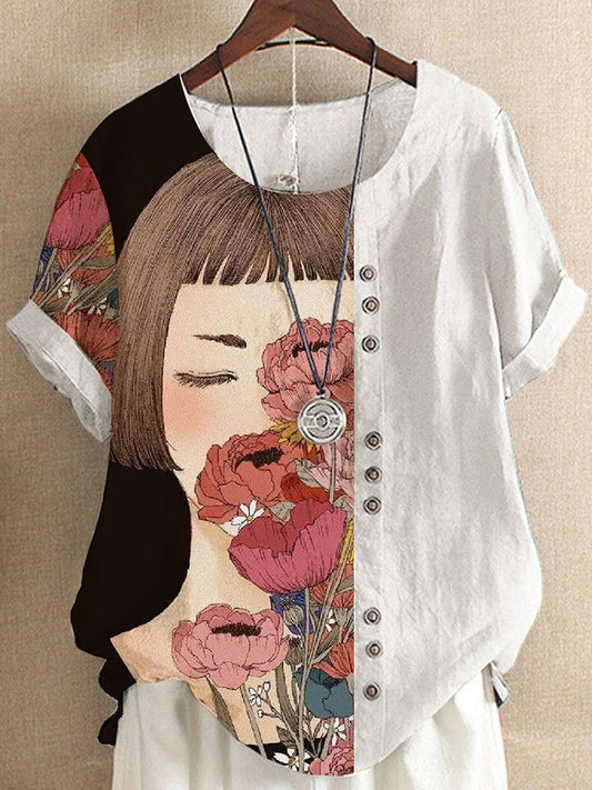 Fashion Abstract Floral Short Sleeve Top